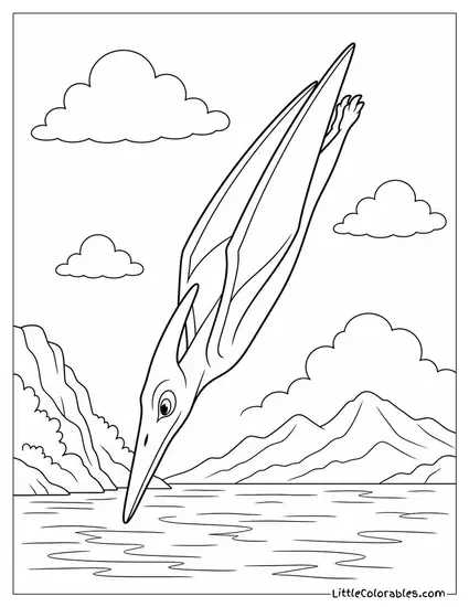 Pterodactyl Tucking Its Wings to Dive Like an Arrow Toward Water Coloring Page