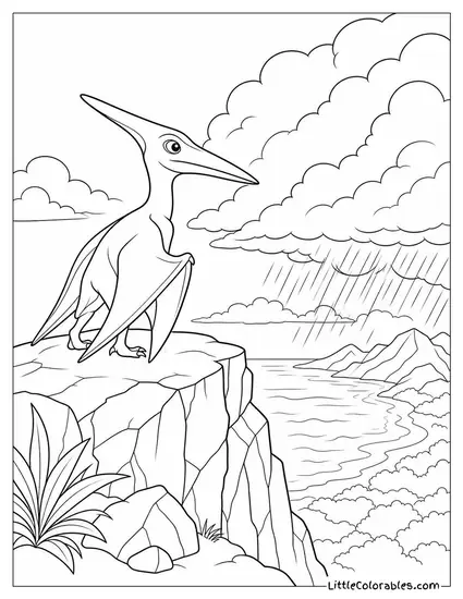 Pterodactyl Watching a Storm Roll In from a Clifftop Perch Coloring Page