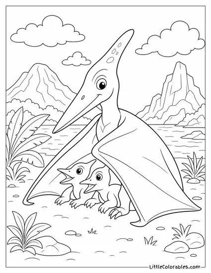 Pterodactyl with Hatchlings Peeking Out from Beneath Its Wing Coloring Page