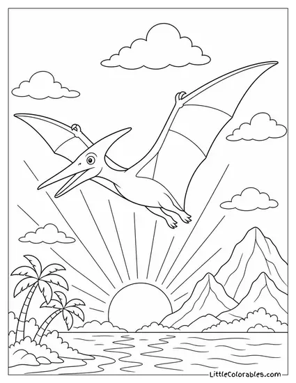 Pterodactyl with Sunrise Glowing Through Its Thin Membrane Wings Coloring Page