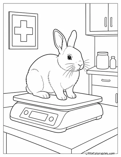 Rabbit Being Weighed at a Vet Clinic on a Small Digital Scale Coloring Page