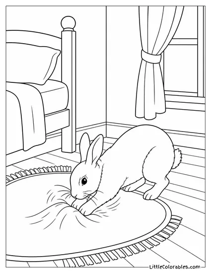 Rabbit Digging Rapidly at a Rug in a Corner of a Bedroom Coloring Page
