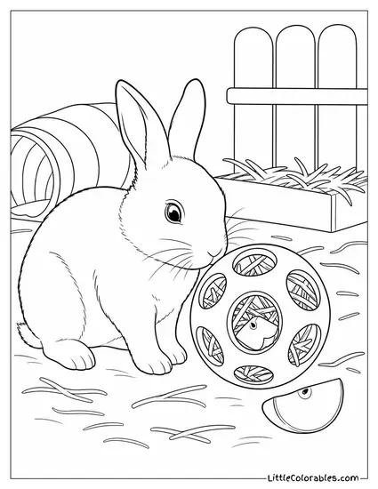 Rabbit Discovering a Piece of Apple Hidden Inside a Forage Toy Coloring Page