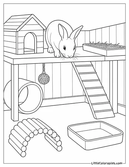 Rabbit in a Multi-Level Indoor Enclosure Looking Down from the Top Level Coloring Page