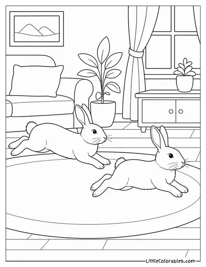 Rabbit Pair Binkying in the Same Direction Across a Living Room Together Coloring Page