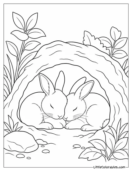 Rabbit Pair Sleeping Pressed Against Each Other in a Shared Hideout Coloring Page