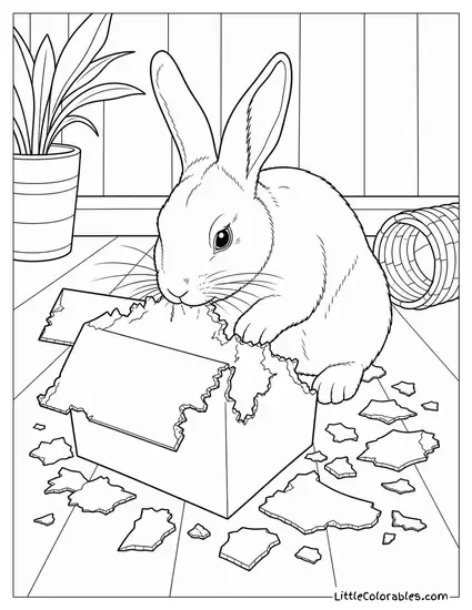 Rabbit Shredding a Cardboard Box with Determined Focus Coloring Page