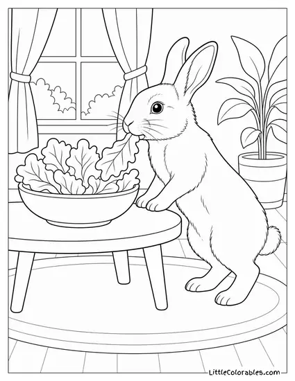 Rabbit Stealing a Leafy Green from a Bowl on a Low Table Coloring Page