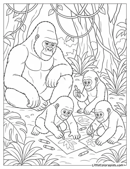 Silverback Gorilla Sitting in a Jungle Clearing Watching His Family Coloring Page