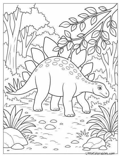 Stegosaurus Brushing Past Low-Hanging Branches on a Forest Trail Coloring Page