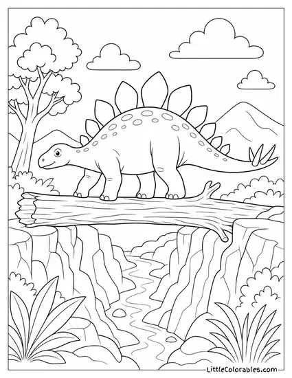 Stegosaurus Crossing a Fallen Log Bridge Over a Ravine Coloring Page