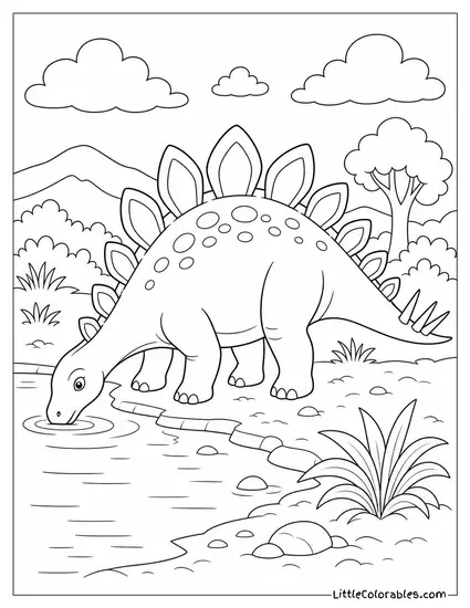 Stegosaurus Drinking from the Edge of a Calm Shallow Pond Coloring Page