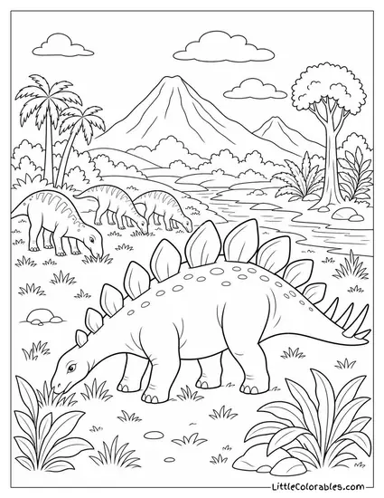 Stegosaurus Grazing Beside a Small Herd of Grazing Reptiles Coloring Page