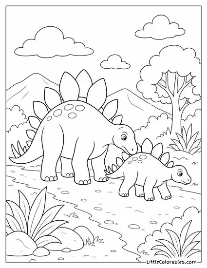 Stegosaurus Nudging a Smaller Stegosaurus Along a Dirt Path Coloring Page