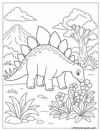 Stegosaurus Pausing to Sniff a Patch of Unfamiliar Flowers Coloring Page