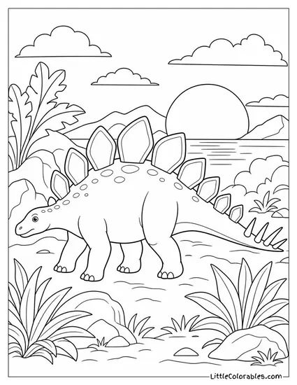 Stegosaurus Plates Catching the Warm Glow of a Setting Sun Coloring Page