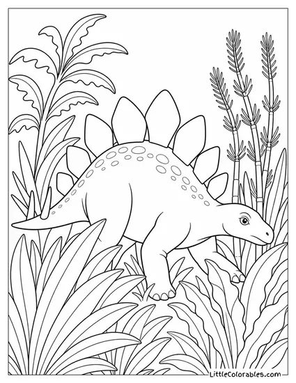 Stegosaurus Pushing Through a Thicket of Tall Prehistoric Plants Coloring Page