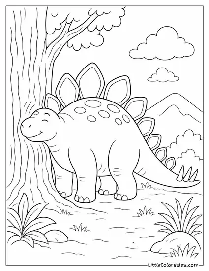 Stegosaurus Rubbing Its Side Against a Rough Tree Trunk Coloring Page