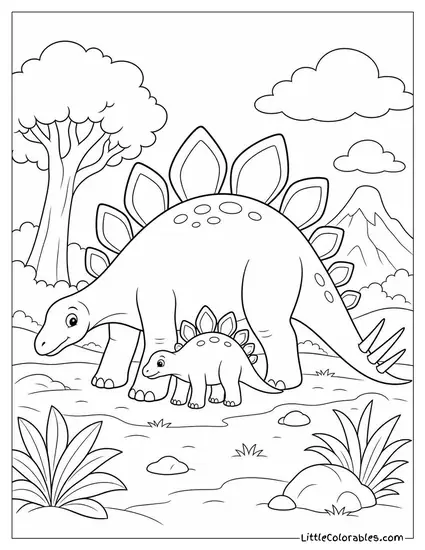 Stegosaurus Standing Protectively Over a Smaller Juvenile Coloring Page