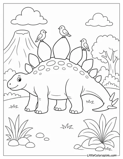 Stegosaurus Standing Still as Birds Rest on Its Back Plates Coloring Page