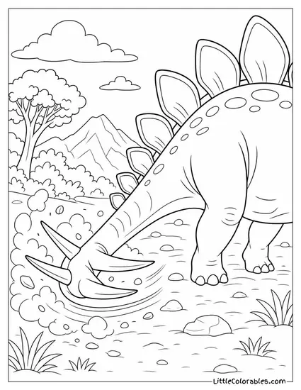 Stegosaurus Tail-Swinging Mid-Motion Kicking Up Dust Coloring Page
