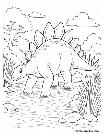 Stegosaurus Wading Through a Shallow Stream Lined with Reeds Coloring Page