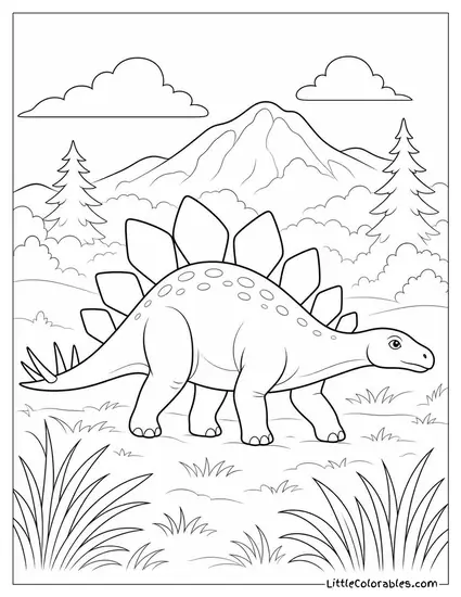 Stegosaurus Walking Through a Misty Morning Meadow Coloring Page