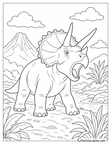 Triceratops Bellowing Loudly to Warn Off a Nearby Predator Coloring Page