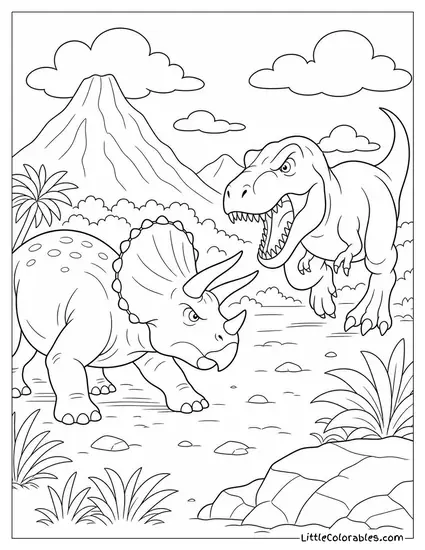 Triceratops Bracing for Impact as a T-Rex Charges Toward It Coloring Page