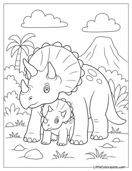 Triceratops Calf Hiding Beneath Its Mother's Broad Frill Coloring Page