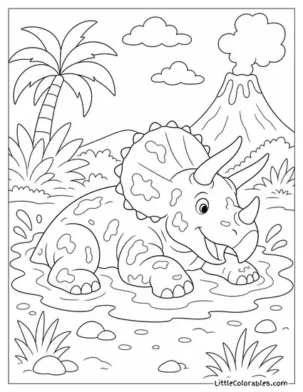 Triceratops Cooling Off by Wallowing in a Muddy Puddle Coloring Page