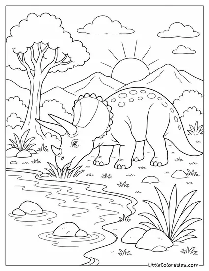 Triceratops Grazing Beside a Quiet Watering Hole at Dawn Coloring Page