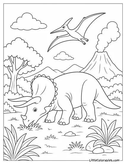 Triceratops Grazing Undisturbed as a Pterosaur Circles Above Coloring Page