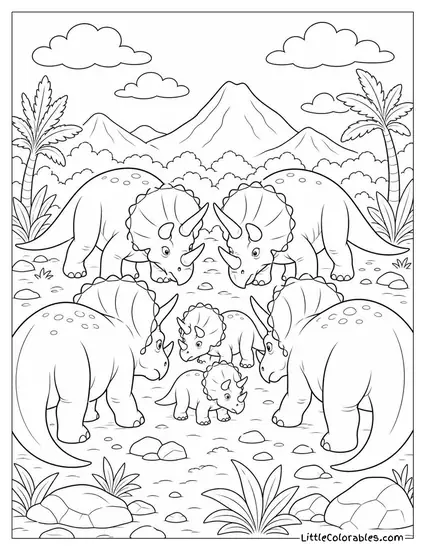 Triceratops Herd Forming a Defensive Circle Around Their Young Coloring Page