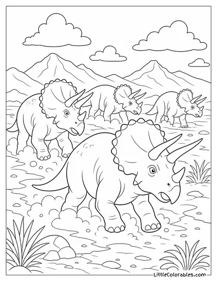 Triceratops Herd Kicking Up Dust While Crossing a Dry Plain Coloring Page