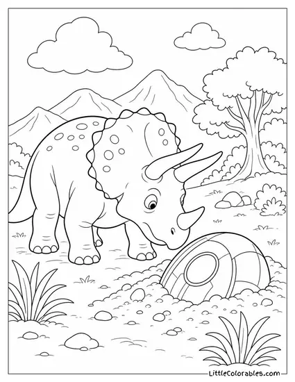 Triceratops Investigating a Strange Object Half-Buried in Dirt Coloring Page