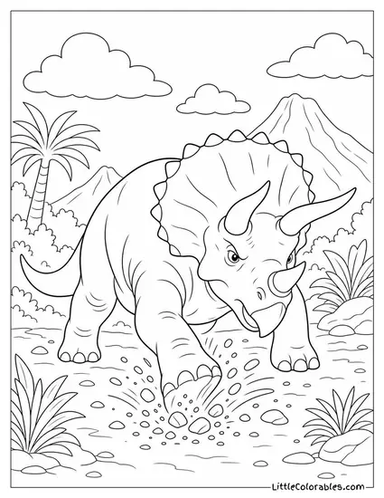 Triceratops Kicking Loose Gravel While Pawing the Ground in Warning Coloring Page