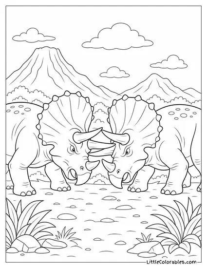 Triceratops Locked Horn-to-Horn in a Fierce Shoving Match Coloring Page