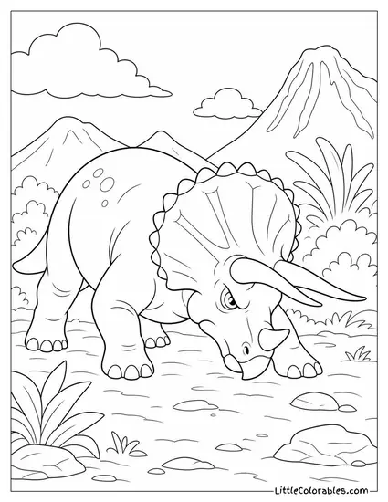 Triceratops Lowering Its Horns Before Charging at a Rival Coloring Page