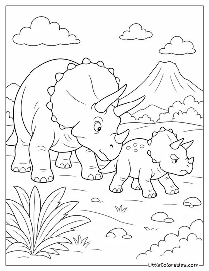 Triceratops Nudging a Stubborn Calf Forward with Its Snout Coloring Page