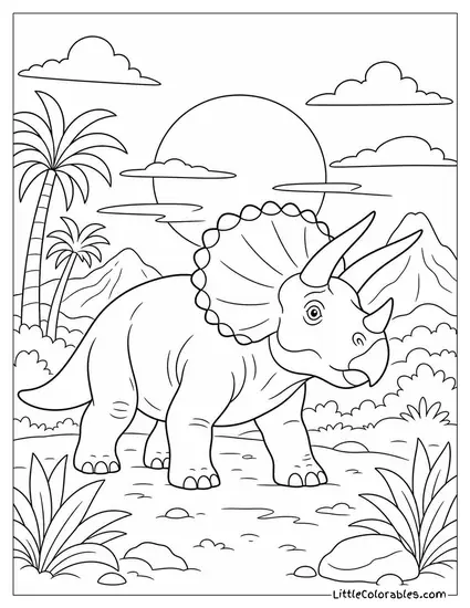 Triceratops Outlined Sharply Against a Blazing Orange Sunset Coloring Page