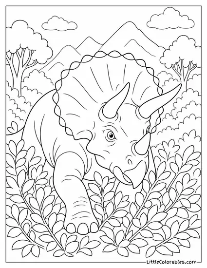 Triceratops Plowing Through a Dense Patch of Low Shrubs Coloring Page