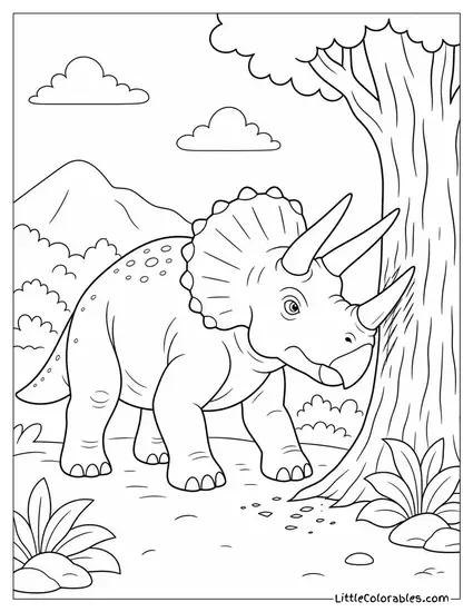 Triceratops Scraping Its Horn Against a Tree to Sharpen It Coloring Page