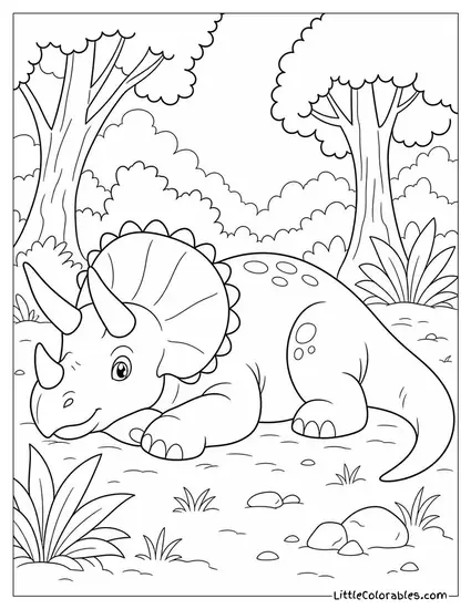 Triceratops Sprawled Out Resting in a Sunlit Forest Clearing Coloring Page