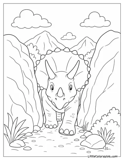 Triceratops Squeezing Between Two Narrow Boulders on a Trail Coloring Page