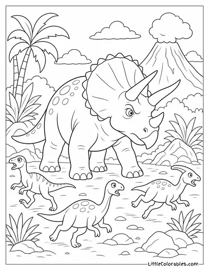 Triceratops Standing Firm as Smaller Dinosaurs Scatter Around It Coloring Page