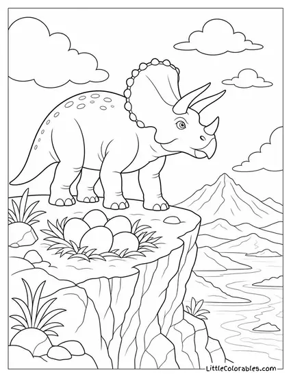 Triceratops Standing Watch at the Edge of a Cliffside Nest Coloring Page