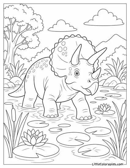 Triceratops Trudging Through a Shallow Swamp Dotted with Lily Pads Coloring Page