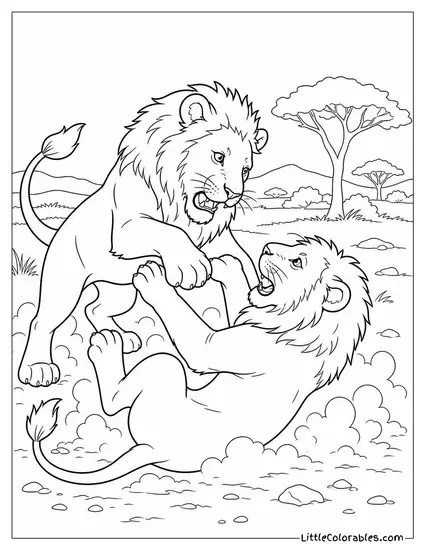 Two Young Male Lions Play-Fighting in the Dust Coloring Page