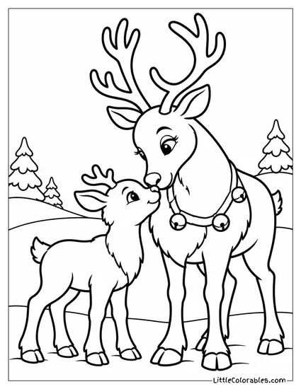Baby Reindeer Nuzzling Its Mother in Snow Coloring Page